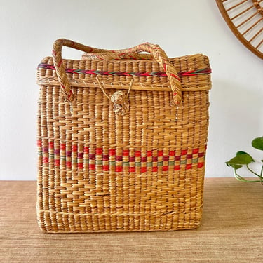 Vintage Tall Natural Woven Beach Tote - Picnic Basket with Lid - Stripe Accents 