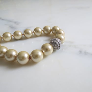 Vintage chunky faux pearl necklace, south sea, Tahitian, golden, rhinestone ball clasp 