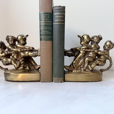 Vintage Brass Bookends Tug Of War Children PM Craftsman Heavy Solid Brass Bookends Book Ends Shelf Decor Mid Century Brass Kids Bookends 