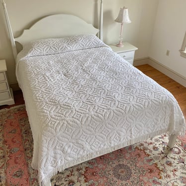 NEW - Vintage All White Chenille Bedspread, Full or Queen, White On White Fabric, Floral Cut Design 
