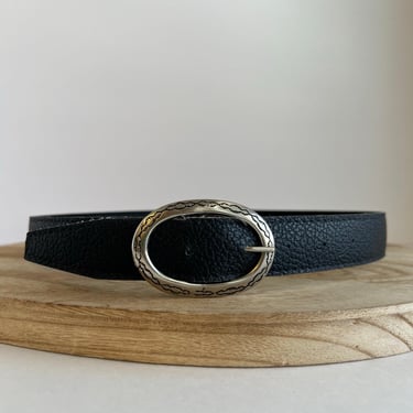 Vintage 90s Black Vegan Leather Silver Oval Buckle Belt Size Small 