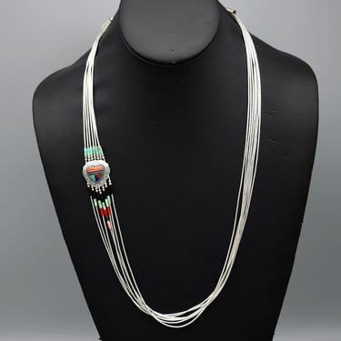 80's QT liquid silver side bib heart Southwestern statement, hard to find Quoc Trading 925 sterling & stones necklace 