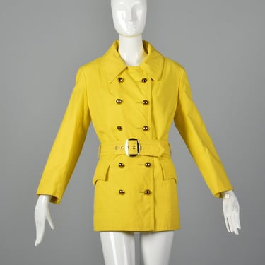 Small 1960s Anne Klein Yellow Trench Coat Cotton Canvas Coat Double Breasted Mod Outerwear 60s Vintage 