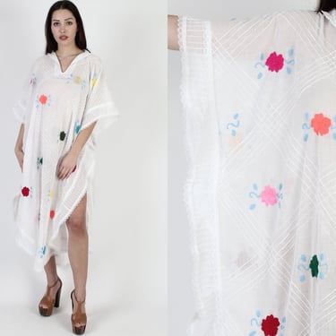 Vintage Sheer Beach Cover Up Dress, One Size Fits All Caftan, Beach Party Sun Outfit, Colorful Embroidered Floral Summer Dress 