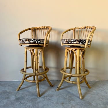 Vintage Coastal Bamboo Rattan Swivel Bar Stools - a Pair 