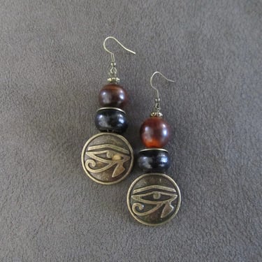 Egyptian African earrings, bold statement earrings, ethnic tribal earrings, black wood, Afrocentric eye of Horus earrings, mythology 