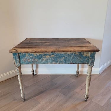 Antique Early American Country Pennsylvania Dutch Painted Pine Farmhouse Work Table with Distressed Chippy Paint Patina 