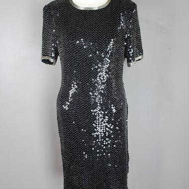La-te-da - Black sequins and beads trimmed in silver -by Night Vogue - Trophy Dress - Sparkle Dress - Classic Sheath - Estimated size M 
