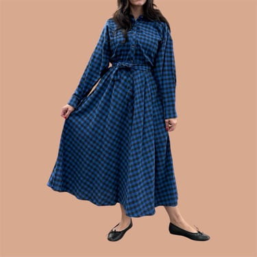 Vintage Norma Kamali Dress Retro 1980s Buffalo Plaid + Blue + Size 10 + Flannel Shirt Dress + Pockets + Full Circle Skirt + Ankle Length 