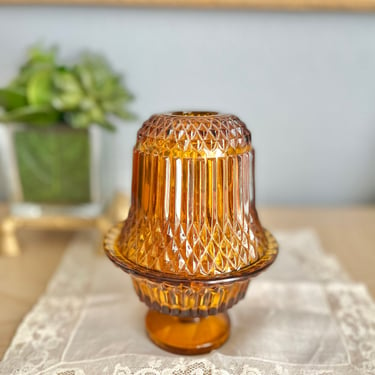 Cut Glass Fairy Lamp, Fairy Light, 3-Piece, Amber Glass, Diamond Cut Glass, Faceted, Mid Century Vintage Candle Holder 