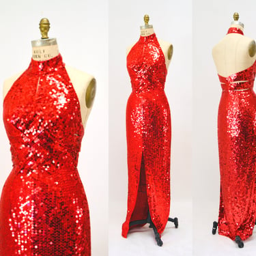 90s Vintage Red sequin Gown Dress REd Vixen Sexy Cut out Sequin Dress Prom Dress Medium Pageant Jessica Rabbit Princess Costume Dress 