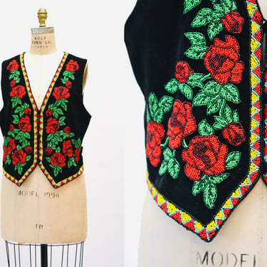80s 90s Vintage Black Beaded Rose Vest by Hairston Roberson Ropa// Vintage Black Beaded Flower Western Rodeo Cowgirl Beaded Vest Size Medium 