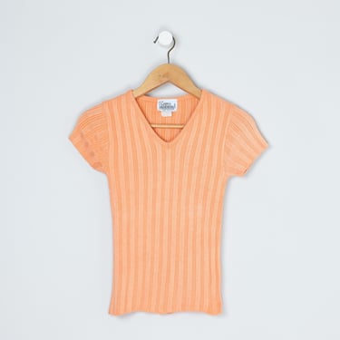 Vintage 70s Peach Ribbed Knit Top - seventies, made in usa, orange, pastel, short sleeve sweater - Women's M, runs small 