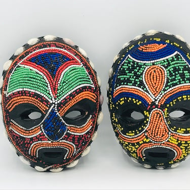 Vintage Pair of African Ghanaian  Wood Beaded Mask Tribal 5.25" x 3.5/8" Tribal Art Mask Hand Carved Wood-Decorated with Beads 