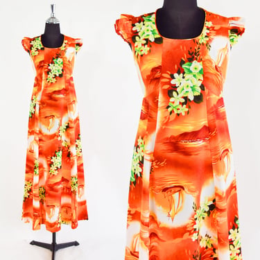 1970s Orange Floral Maxi Dress | 70s Orange Hawaiian Maxi Gown | Hukilau Fashions | Medium 