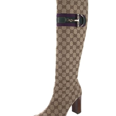 Vintage 90's GUCCI GG Monogram OTK Canvas Leather Webbing Stripe w Horsebit Detail Riding Boots Heels eu 38 us 7.5 - 8 