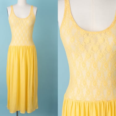 Vintage 80s Papillon by Paula Carbone Yellow Sheer Lace Tank Slip Dress with Cotton Blend Bottom 