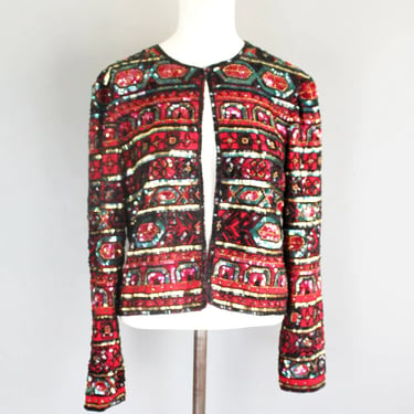 1980s Red Beaded Cocktail Jacket // Holiday Party // by Papell Boutique- Size Small 