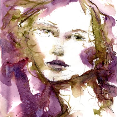 Expressive Female Portrait Painting - Loose Watercolor Style - Colorful Art - Art Gifts - 9x12 - Ready to Frame - Expressionist Art 