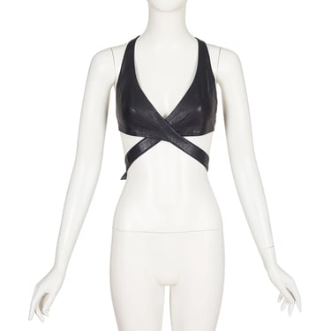 Azzedine Alaïa 1980s Vintage Iconic Black Leather Racerback Wrap Bra Top Sz XS 