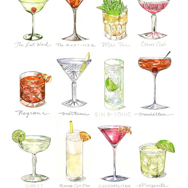 12 Cocktails Print Featuring Art from The Book of Cocktail Ratios