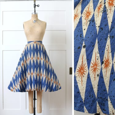 vintage 1950s full cut skirt • atomic MCM starburst print linen blend twirl skirt 