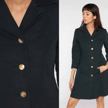 70s Black Jacket Mod Button Up Collared Jacket Dress Vintage Long Sleeve Notched Wing Collar Jacket Fitted Jacket 1970s Extra Small XS 