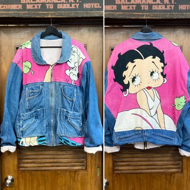Vintage 1990’s Dated 1992 “Too Cute” Betty Boop Patchwork Denim New Wave Hip Hop Oversize Jacket, 90’s Vintage Clothing 