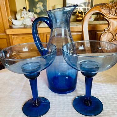 Set (3) Handmade Blown Mexican Margarita Pitcher and Glasses Drinking Glass Blue  glass 