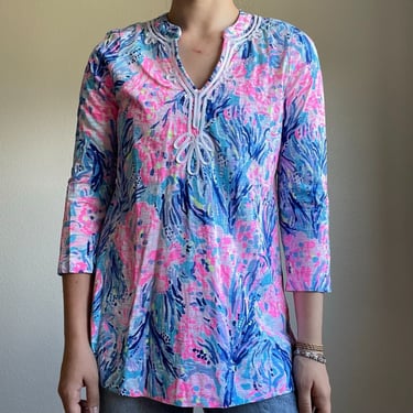 Lilly Pulitzer Neon Pink Blue Floral Tropical Tunic V Neck Cotton Blouse Sz S 