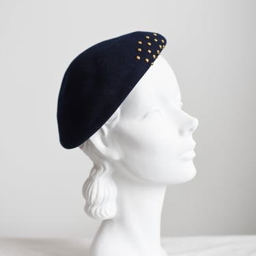 60s/70s Studded Navy Wool Beret Hat 