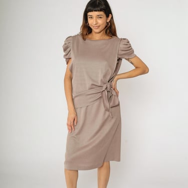 Vintage Puff Sleeve Dress 80s Taupe Knit Metallic Sheen Side Tie Waist Ruched Shoulder Midi 1980s Minimalist Shimmer 