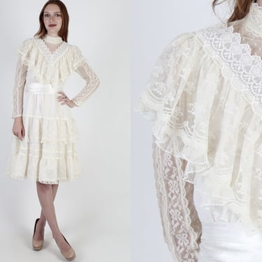 Vintage 70s Victorian Gunne Sax Dress / Romantic Bridal Bohemian Wedding Gown / Jessica McClintock Renaissance Lace Mini Dress 