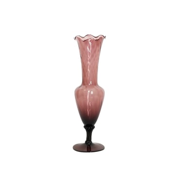 Vintage Purple Glass Bud Vase / Ruffled Amethyst Glass Vase / Tall Mid Century Decorative Footed Vase 