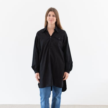 Vintage Black Long Sleeve Shirt Tunic | Unisex 30s 40s Simple Flap Pocket Metal Buttons Blouse | 100% Cotton Work Shirt | XL | 