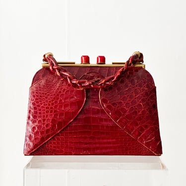1940s Red Crocodile Handbag with Bakelite Closure 