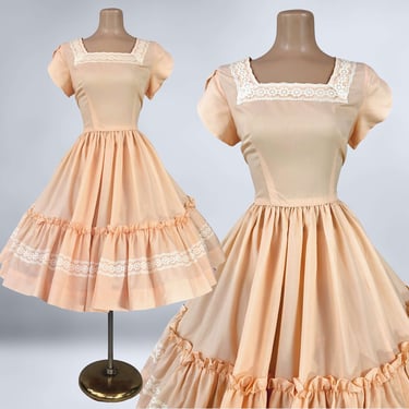 VINTAGE 60s 70s Peach Full Sweep Square Dance Dress Larger Size | 1960s 1970s Western Rockabilly Swing Dress | Ballroom Theatre VFG 