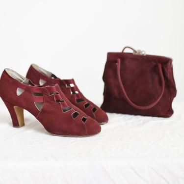 1930s Maroon Shoes and Matching Purse - 8.5/9 