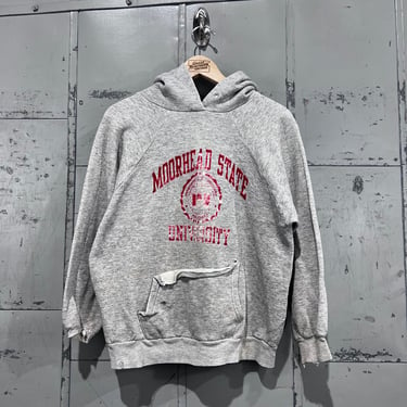 70’s Champion Heather Grey Hoodie Sweatshirt Moorhead state University Distressed flock print  Tri blend 