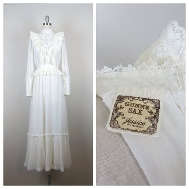 Vintage 1970s Gunne Sax dress maxi high neck ruffle lace prairie Victorian cottagecore wedding 
