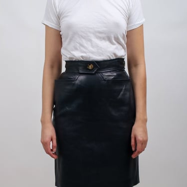 1980s Yves Saint Laurent YSL Black Lambskin Pencil Skirt