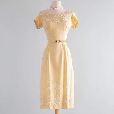 Classic 1950's Moygashel Linen Beaded Buttercup Occasion Dress / Medium