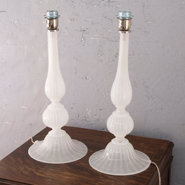 Set of 2 big Table Lamps with Murano blown glass spheres white silk color, handmade Made in Venice Italy lighting design 