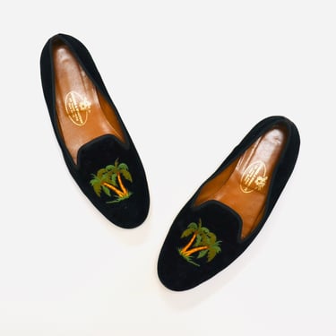 Stubbs & Wootton Black Velvet Palm Tree Loafers Size 8 1/2 Vintage Black Velvet Flat Shoes Leather By Stubbs and Wooton Palm Beach Florida 