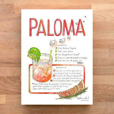 Paloma Cocktail Recipe Watercolor Art Print