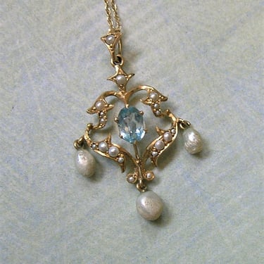Antique 14K Gold Lavaliere Pendant With Aquamarine and Pearls, Antique Gold Lavaliere Pendant, Bridal Jewelry  (#4219) 