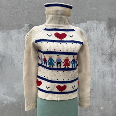 Vintage 1940s 1950s Knit Sweater Figural With People Hearts Turtleneck Austrian