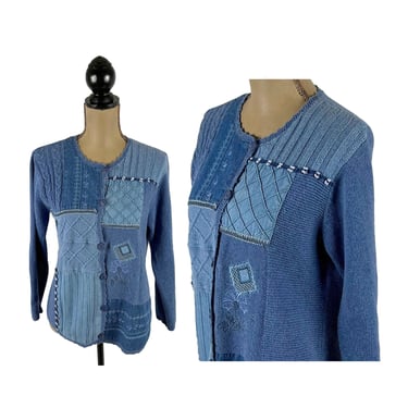 90s Y2K Blue Cardigan with Embroidered Denim Patchwork, Button Up Sweater,  Cottagecore Clothes for Women, Vintage NAPA VALLEY Petite S-M 