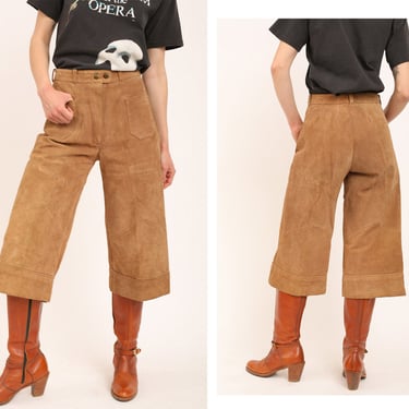 Vintage 1970s 70s Brown Tan Suede Leather High Waisted Wide Leg Flared Culottes Bloomers 
