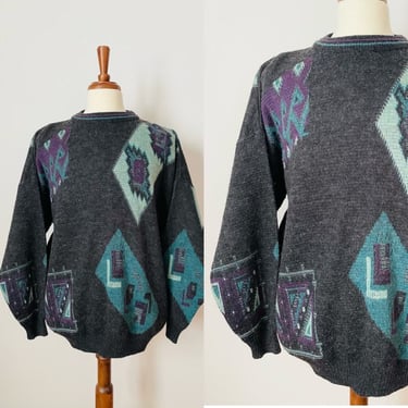 Vintage Cambio Sweater / Pull Over / 1980s / Geometric / Charcoal Gray / Green / Blue / Unisex / Free Shipping 